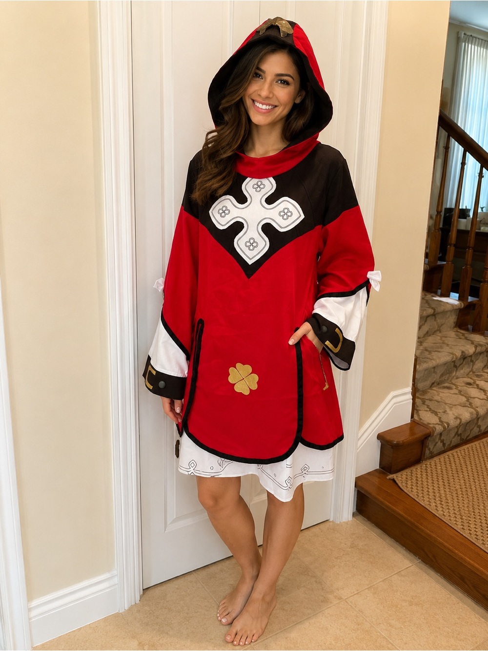 Fantasy Hooded Medieval Tunic Costume Red Black Renaissance Cosplay Dress